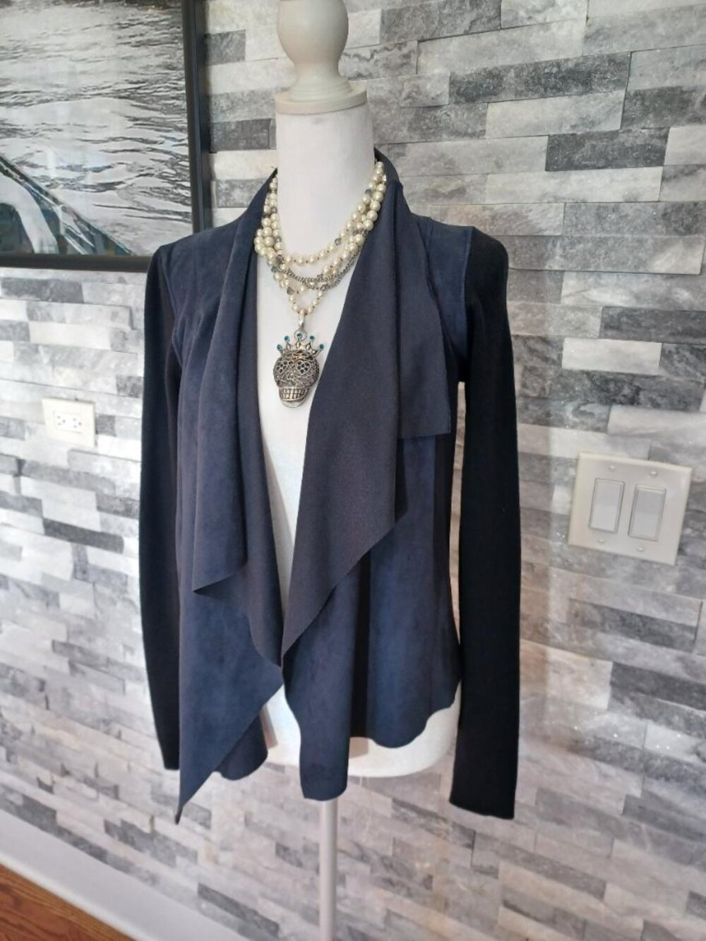 T Tahari Dark Blue Faux Suede Open-Front Jacket Layered with a Black Knit Top S